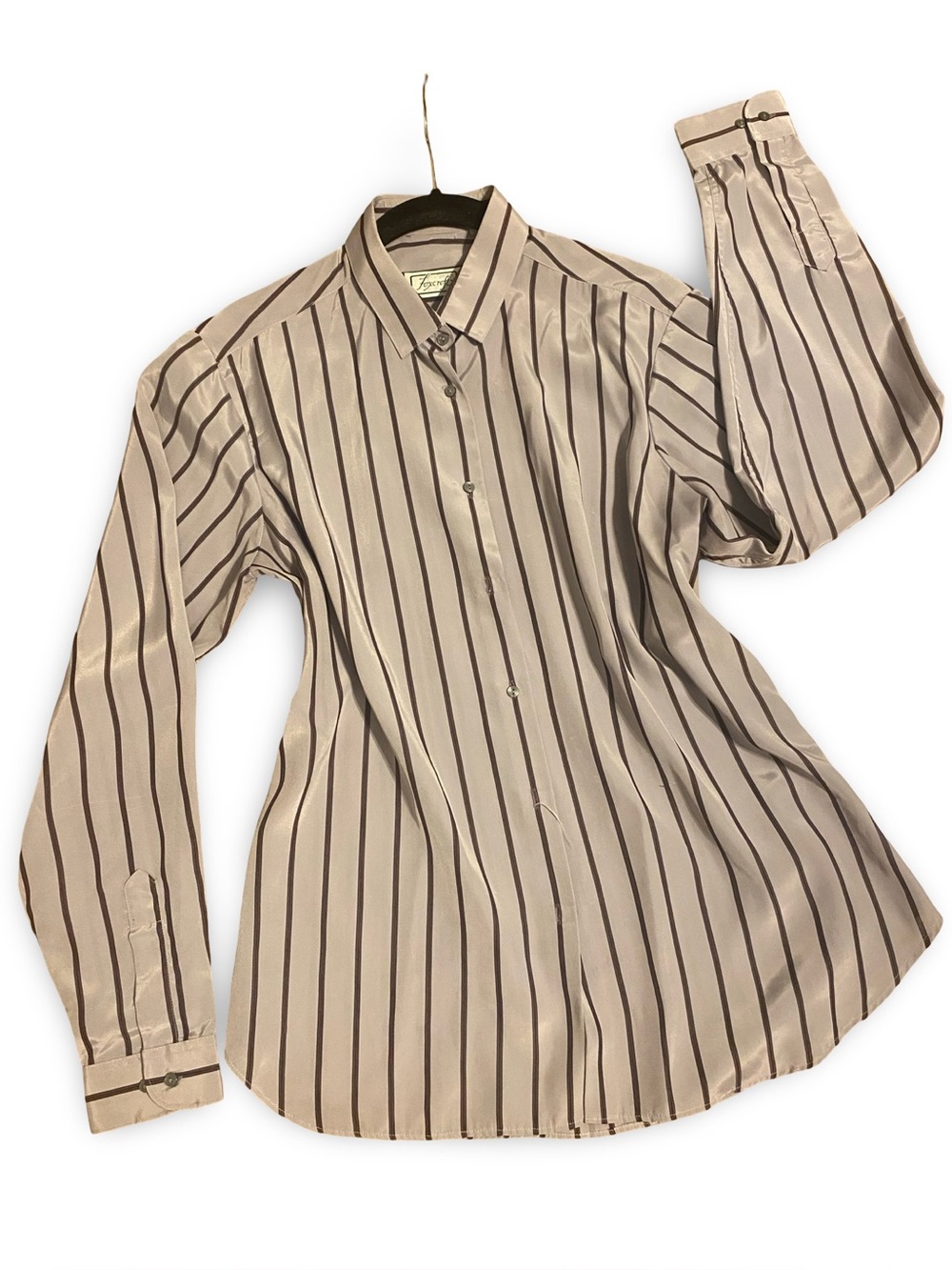 Women’s Beige Striped Button-Down Shirt — Classic Collared Long Sleeve